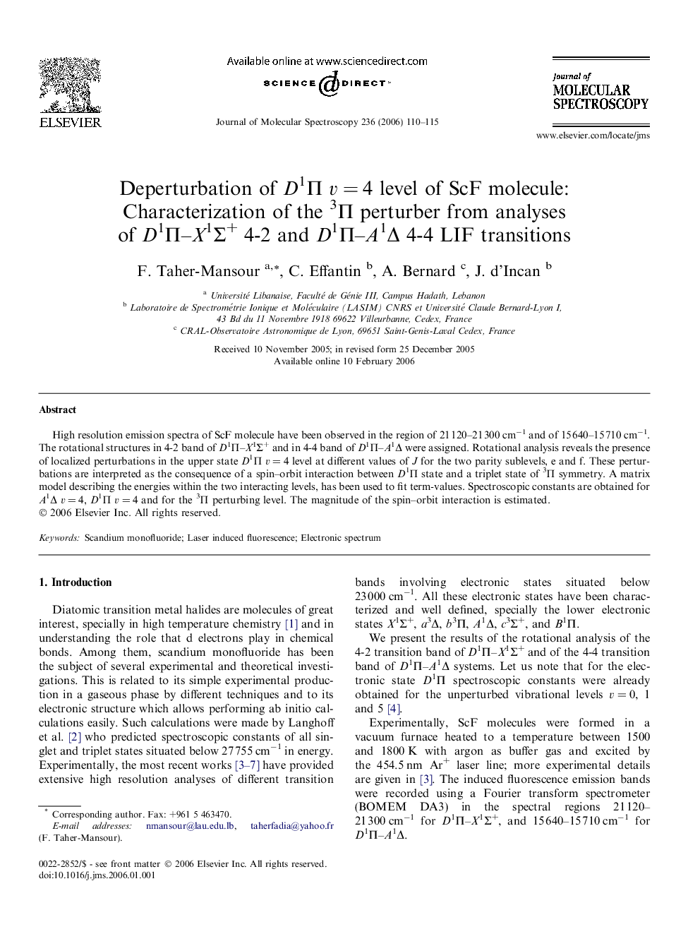 Deperturbation of D1Î  vÂ =Â 4 level of ScF molecule: Characterization of the 3Î  perturber from analyses of D1Î -X1Î£+ 4-2 and D1Î -A1Î 4-4 LIF transitions