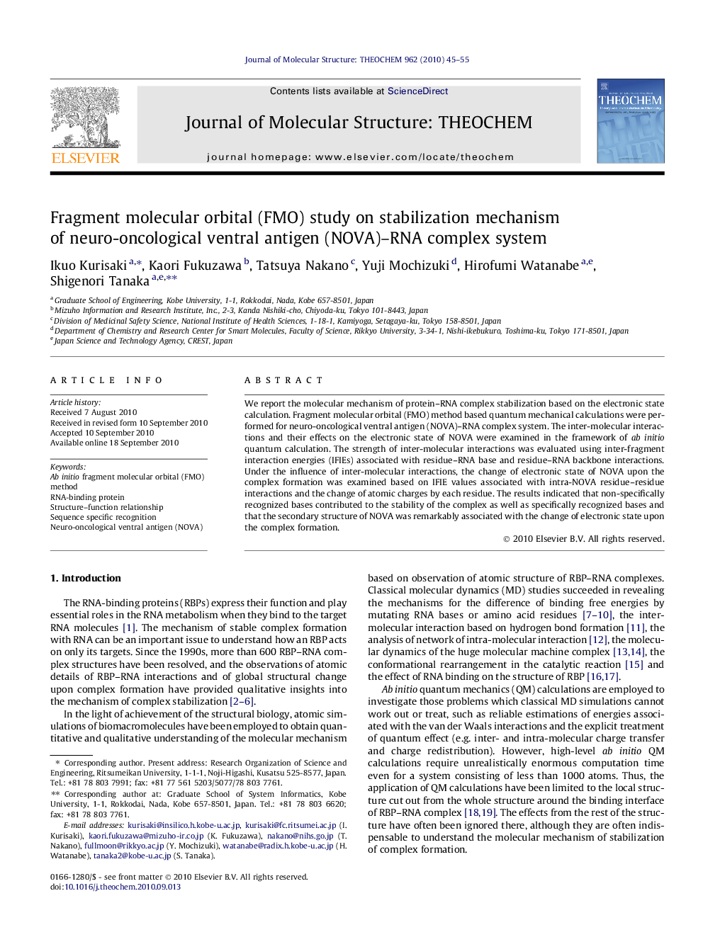 Fragment molecular orbital (FMO) study on stabilization mechanism of neuro-oncological ventral antigen (NOVA)-RNA complex system