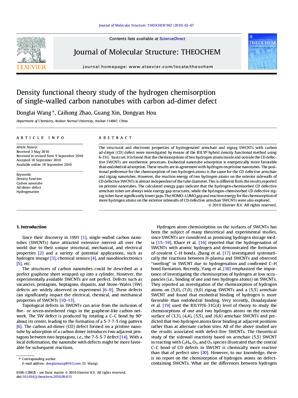 Density functional theory study of the hydrogen chemisorption of single-walled carbon nanotubes with carbon ad-dimer defect
