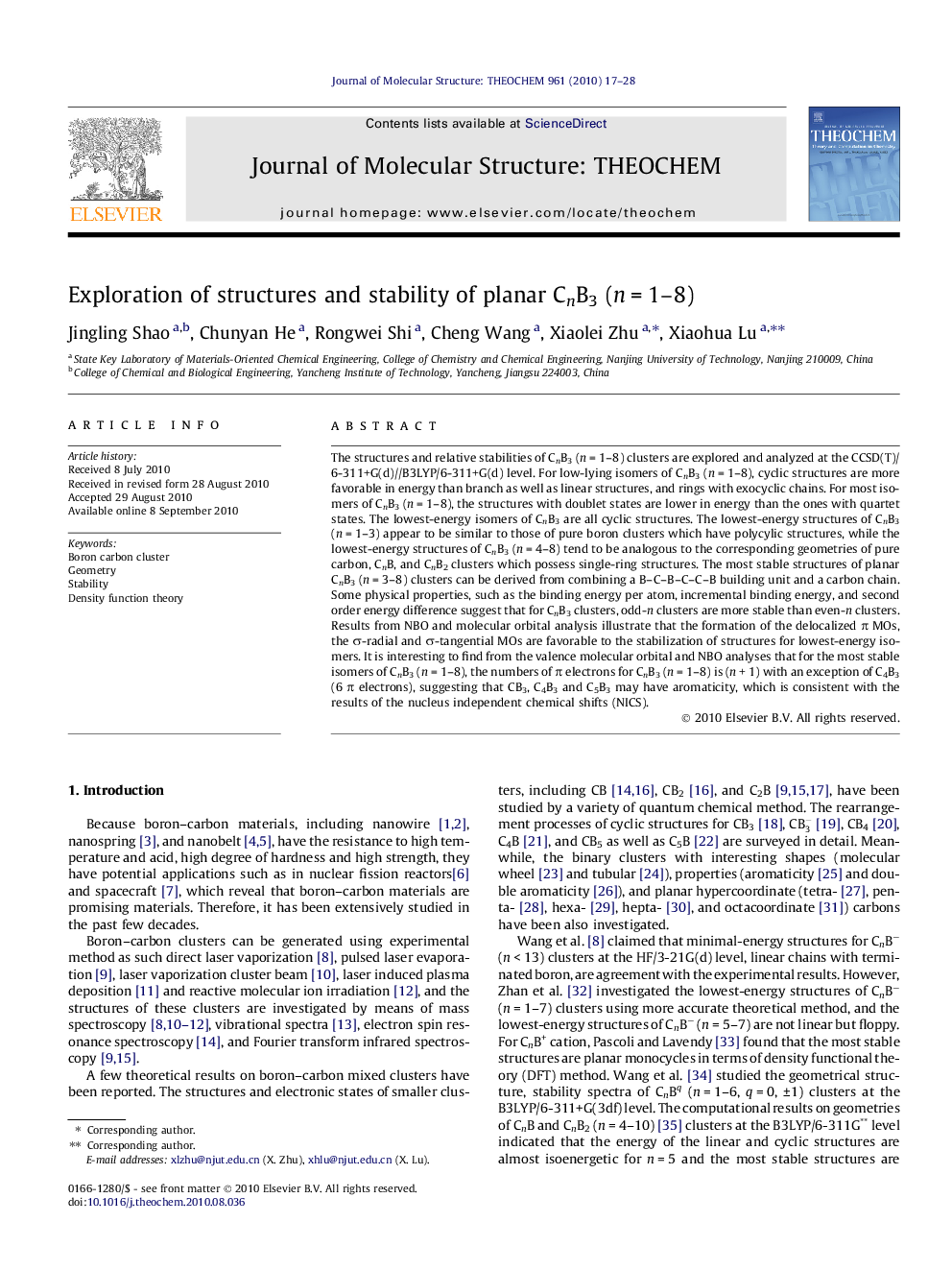 Exploration of structures and stability of planar CnB3 (nÂ =Â 1-8)