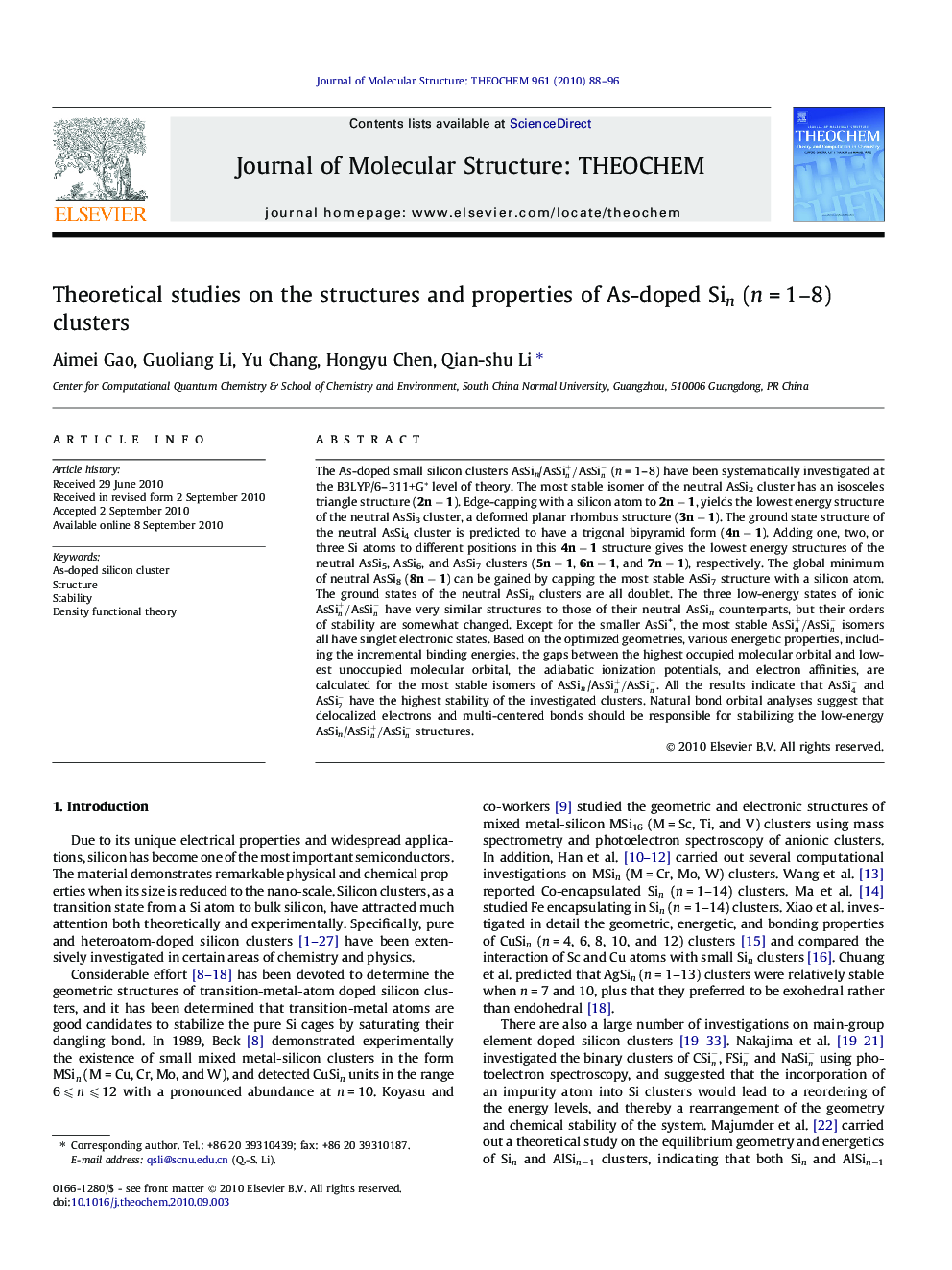 Theoretical studies on the structures and properties of As-doped Sin (nÂ =Â 1-8) clusters