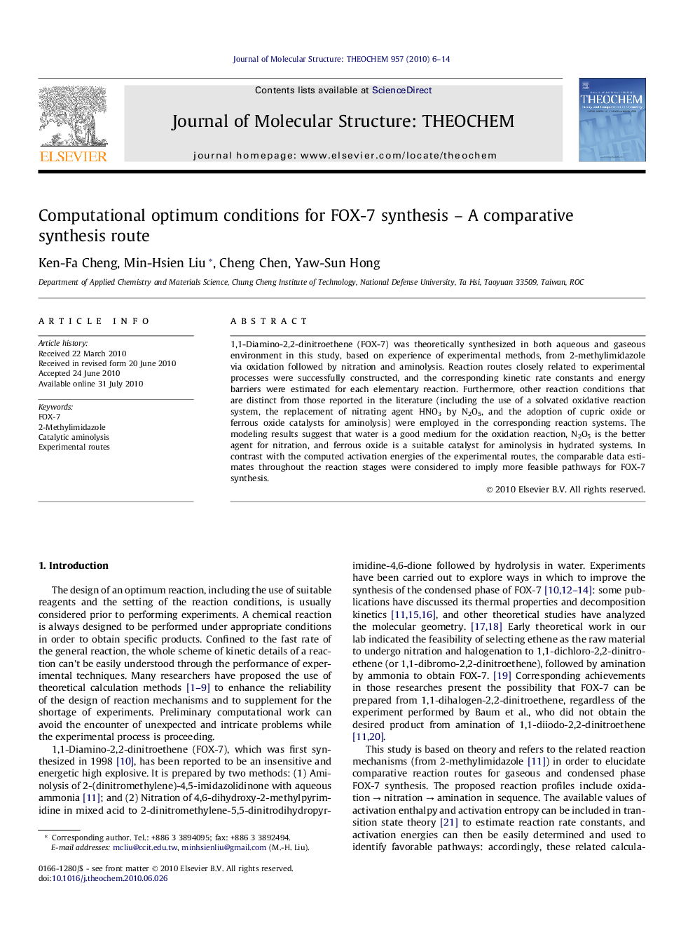 Computational optimum conditions for FOX-7 synthesis - A comparative synthesis route