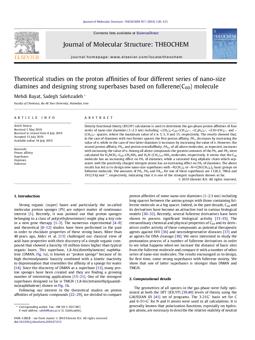 عکس صفحه اول مقاله: Theoretical studies on the proton affinities of four different series of nano-size diamines and designing strong superbases based on fullerene(C60) molecule Theoretical studies on the proton affinities of four different series of nano-size diamines and designing strong superbases based on fullerene(C60) molecule