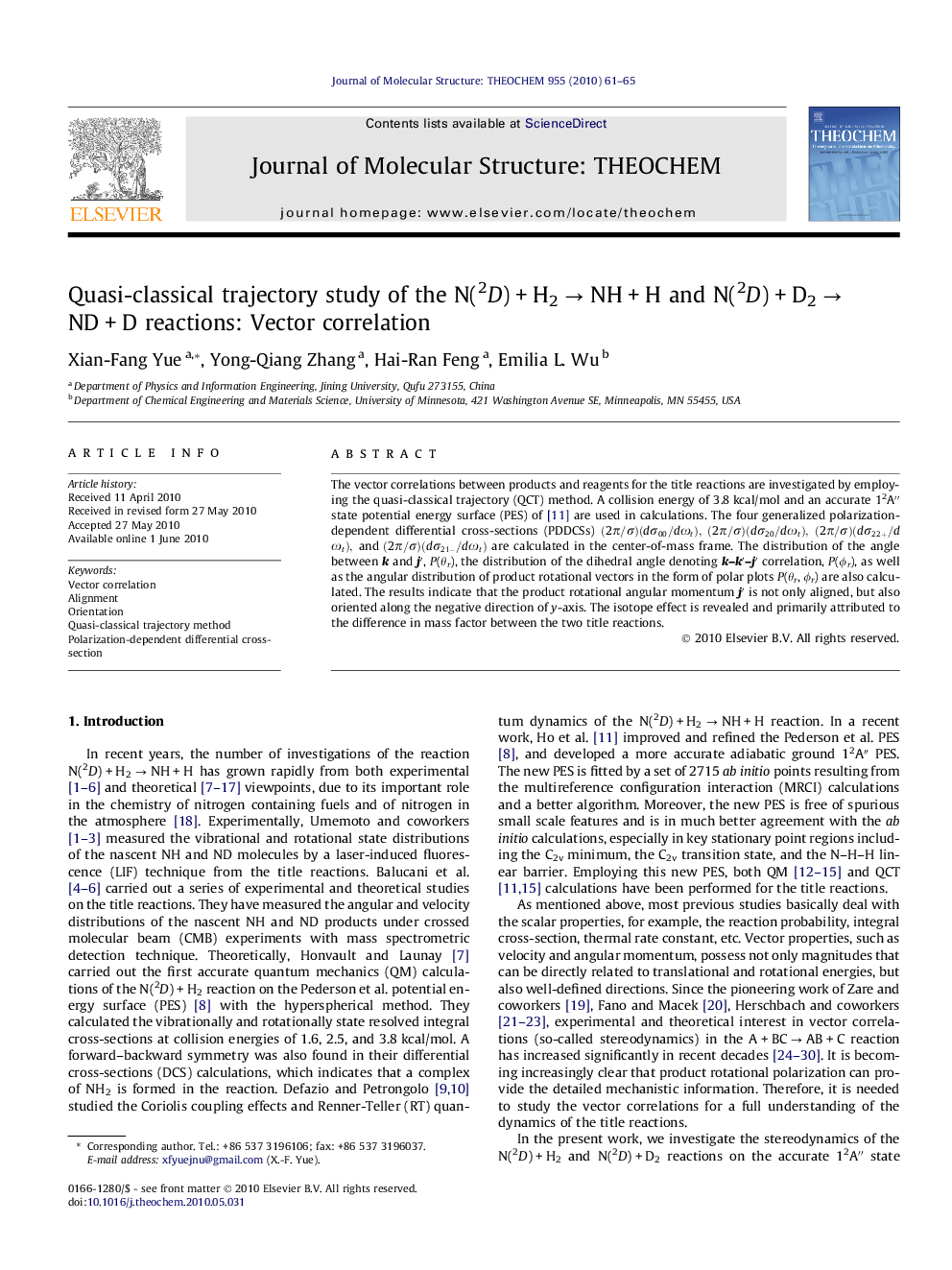 عکس صفحه اول مقاله: Quasi-classical trajectory study of the N(2D) + H2 â NH + H and N(2D) + D2 â ND + D reactions: Vector correlation Quasi-classical trajectory study of the N(2D) + H2 â NH + H and N(2D) + D2 â ND + D reactions: Vector correlation