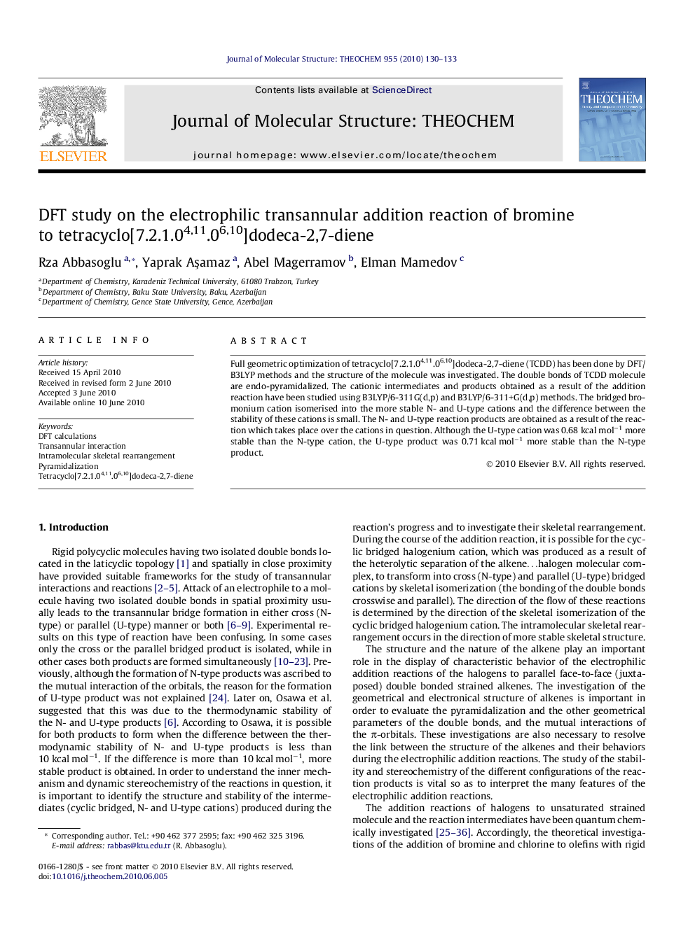 DFT study on the electrophilic transannular addition reaction of bromine to tetracyclo[7.2.1.04,11.06,10]dodeca-2,7-diene