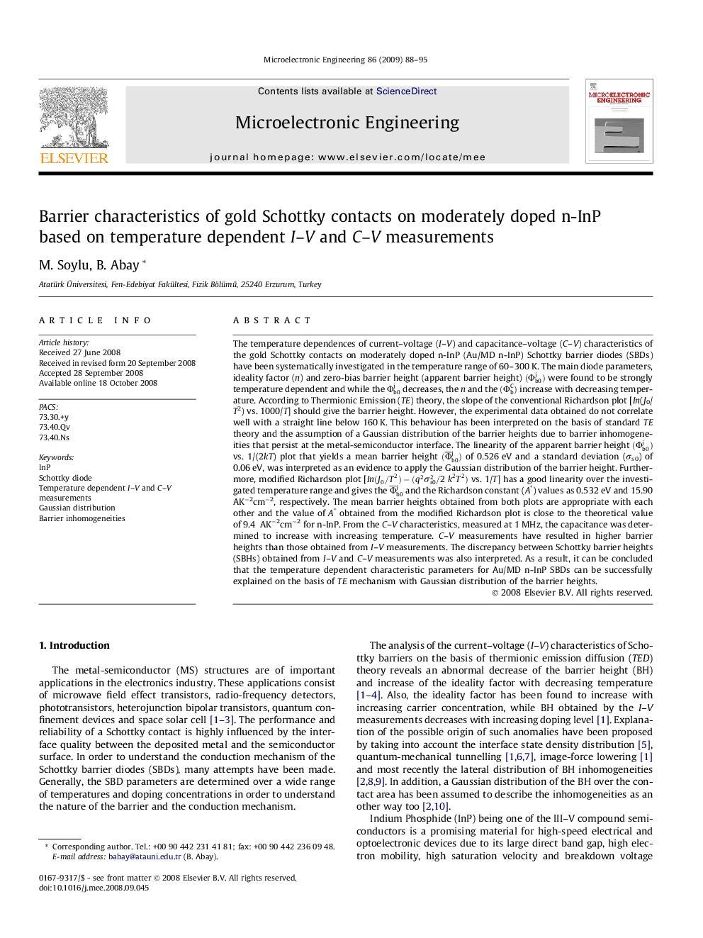 Barrier characteristics of gold Schottky contacts on moderately doped n-InP based on temperature dependent I–V and C–V measurements