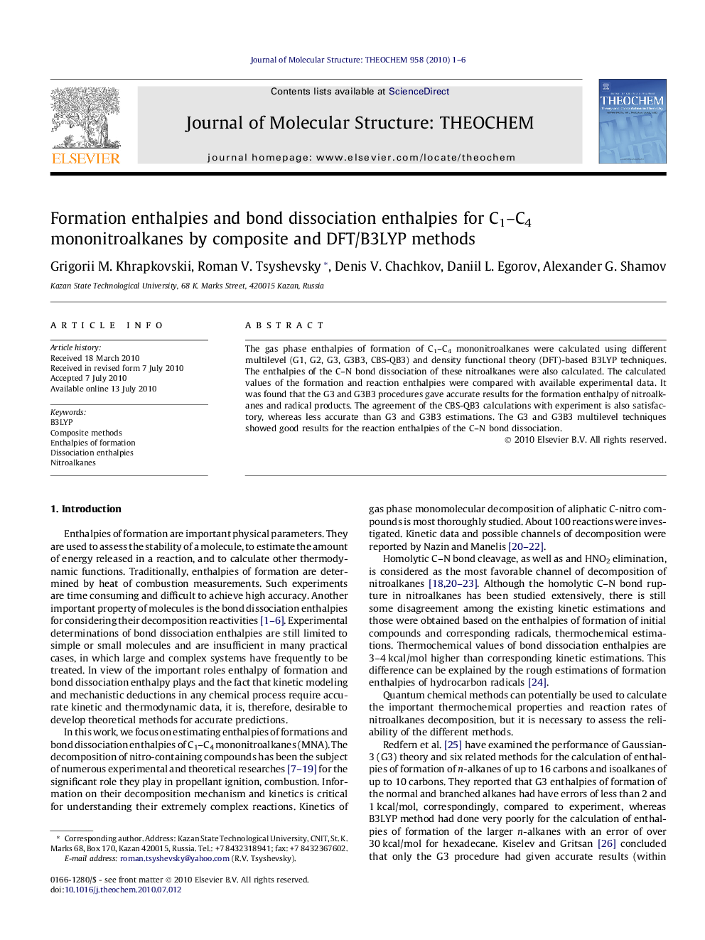 عکس صفحه اول مقاله: Formation enthalpies and bond dissociation enthalpies for C1-C4 mononitroalkanes by composite and DFT/B3LYP methods Formation enthalpies and bond dissociation enthalpies for C1-C4 mononitroalkanes by composite and DFT/B3LYP methods
