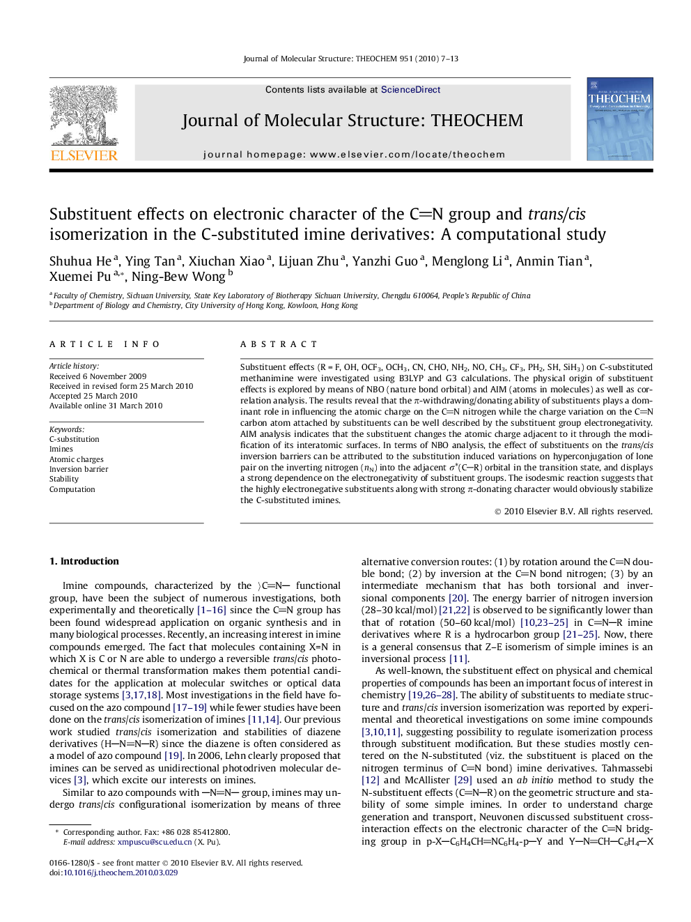 Substituent effects on electronic character of the CN group and trans/cis isomerization in the C-substituted imine derivatives: A computational study