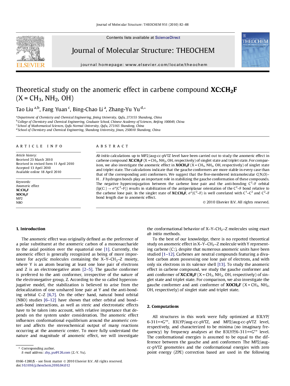 Theoretical study on the anomeric effect in carbene compound XC:CH2F (XÂ =Â CH3, NH2, OH)