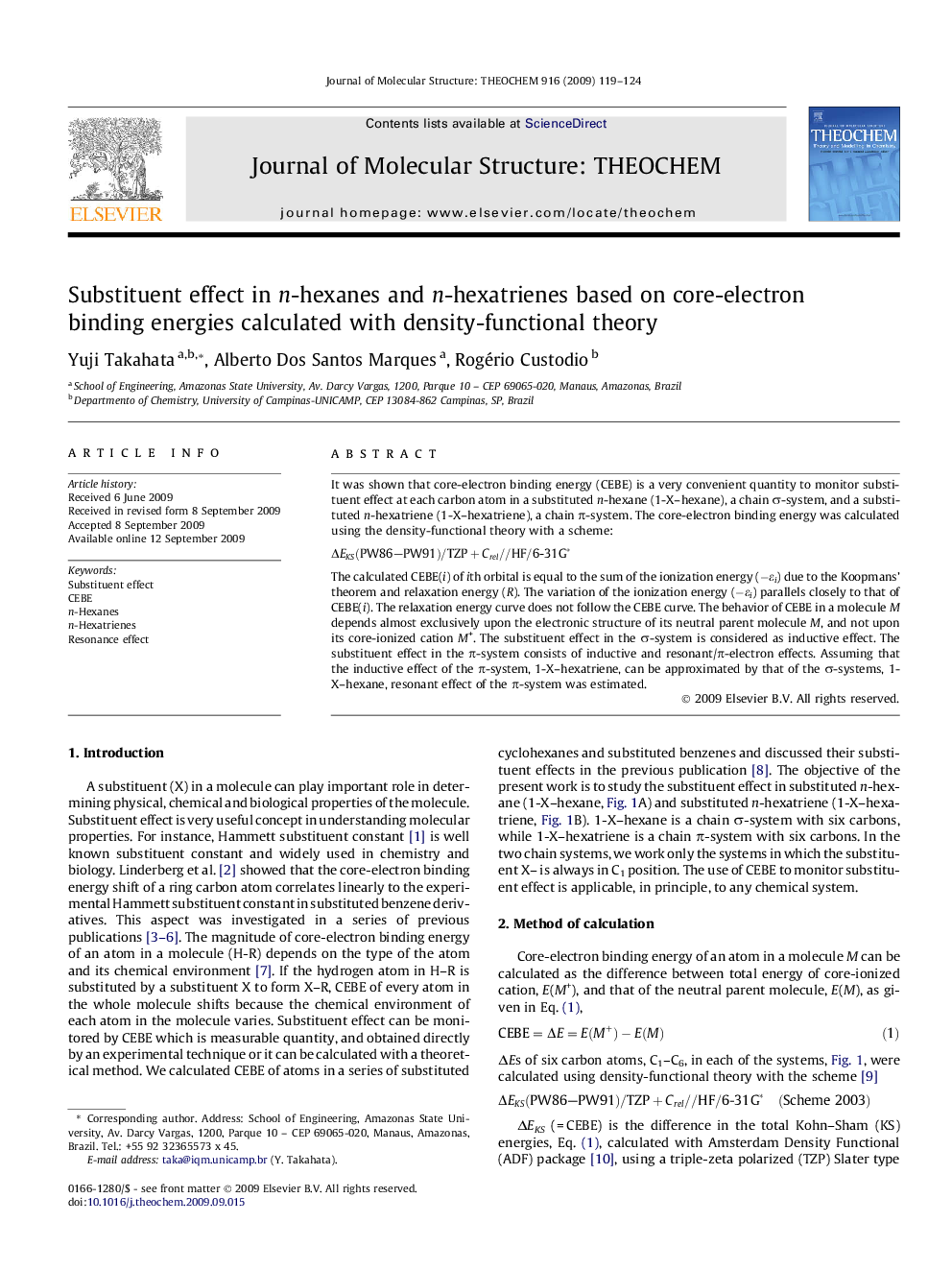 Substituent effect in n-hexanes and n-hexatrienes based on core-electron binding energies calculated with density-functional theory