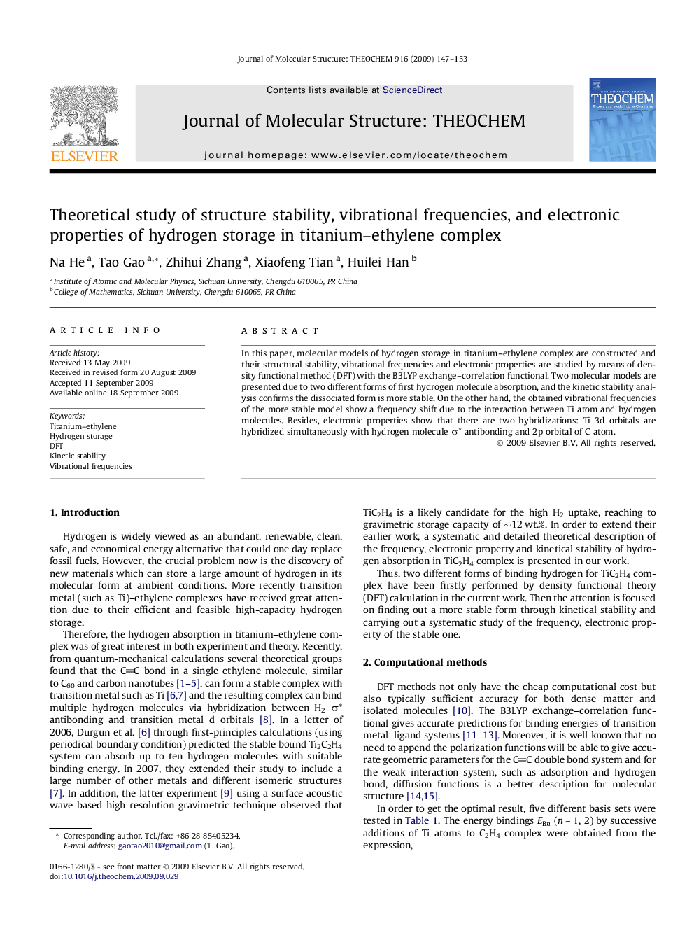 Theoretical study of structure stability, vibrational frequencies, and electronic properties of hydrogen storage in titanium-ethylene complex