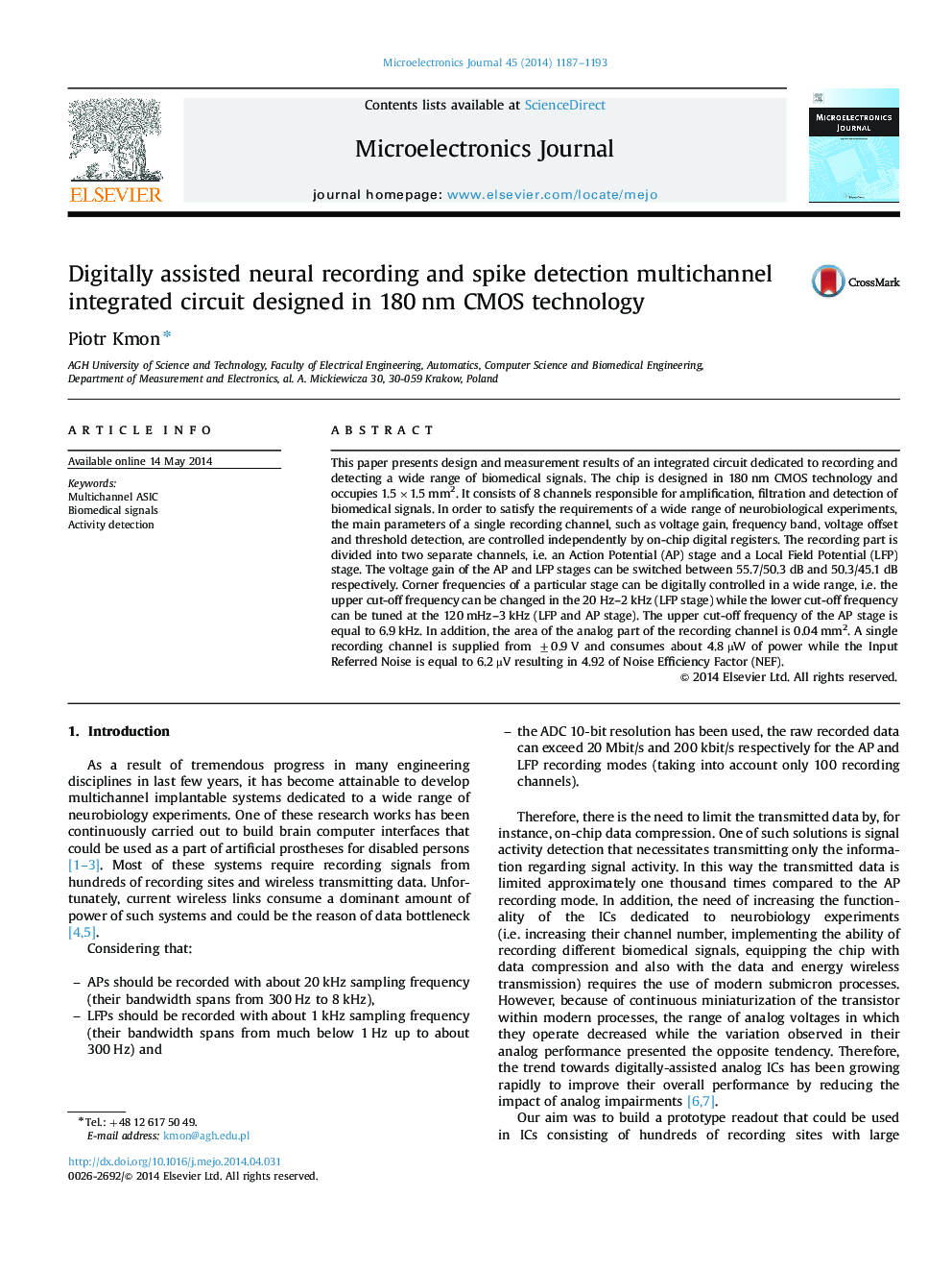 Digitally assisted neural recording and spike detection multichannel integrated circuit designed in 180 nm CMOS technology