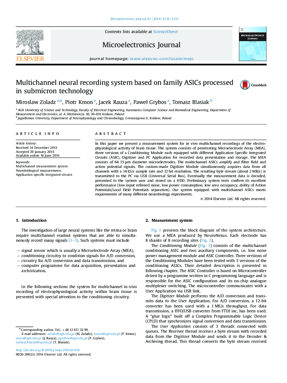 Multichannel neural recording system based on family ASICs processed in submicron technology