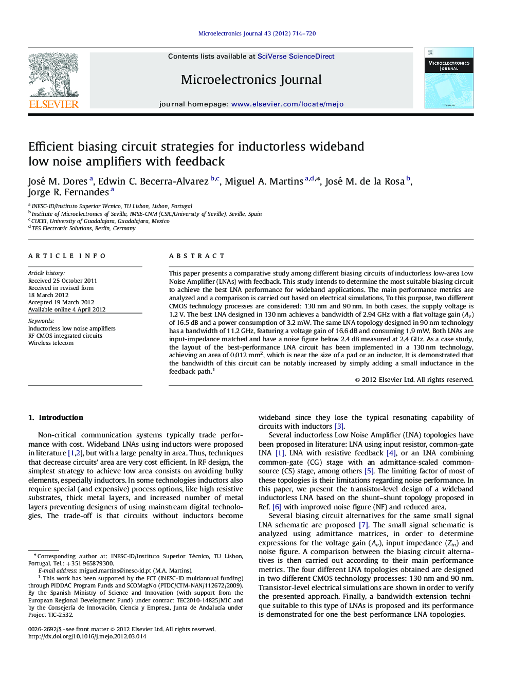 عکس صفحه اول مقاله: Efficient biasing circuit strategies for inductorless wideband low noise amplifiers with feedback Efficient biasing circuit strategies for inductorless wideband low noise amplifiers with feedback