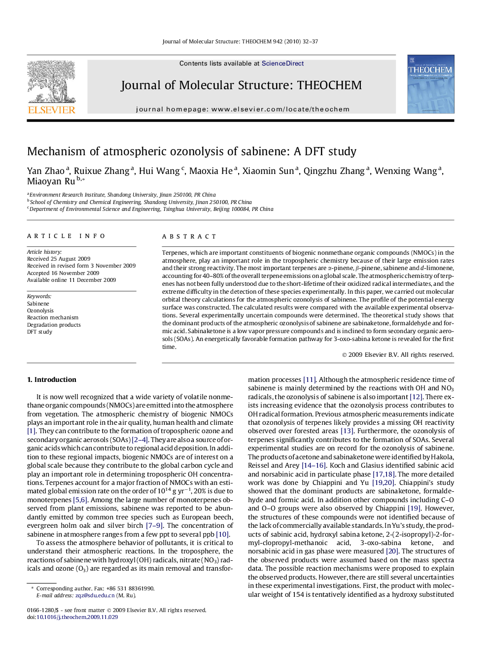 Mechanism of atmospheric ozonolysis of sabinene: A DFT study