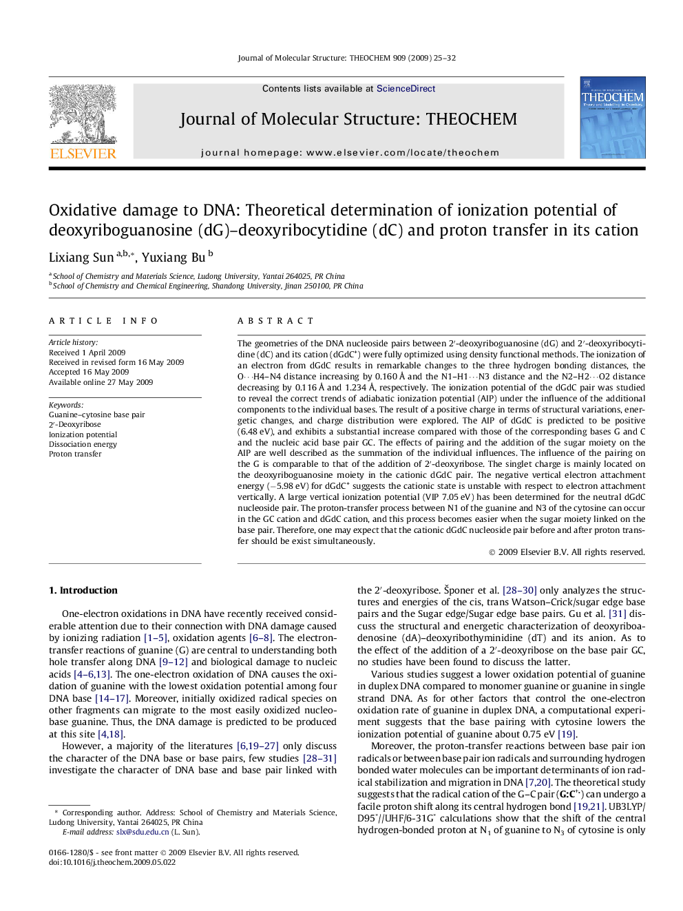 Oxidative damage to DNA: Theoretical determination of ionization potential of deoxyriboguanosine (dG)-deoxyribocytidine (dC) and proton transfer in its cation