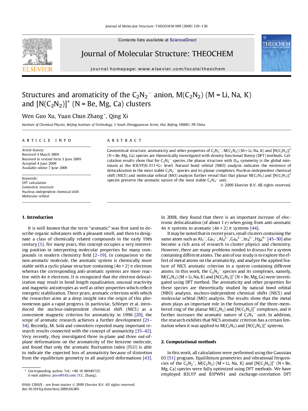 Structures and aromaticity of the C2N2â anion, M(C2N2) (MÂ =Â Li, Na, K) and [N(C2N2)]+ (NÂ =Â Be, Mg, Ca) clusters