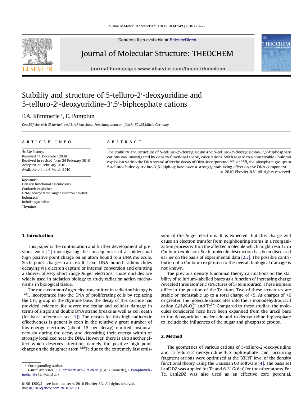 Stability and structure of 5-telluro-2â²-deoxyuridine and 5-telluro-2â²-deoxyuridine-3â²,5â²-biphosphate cations