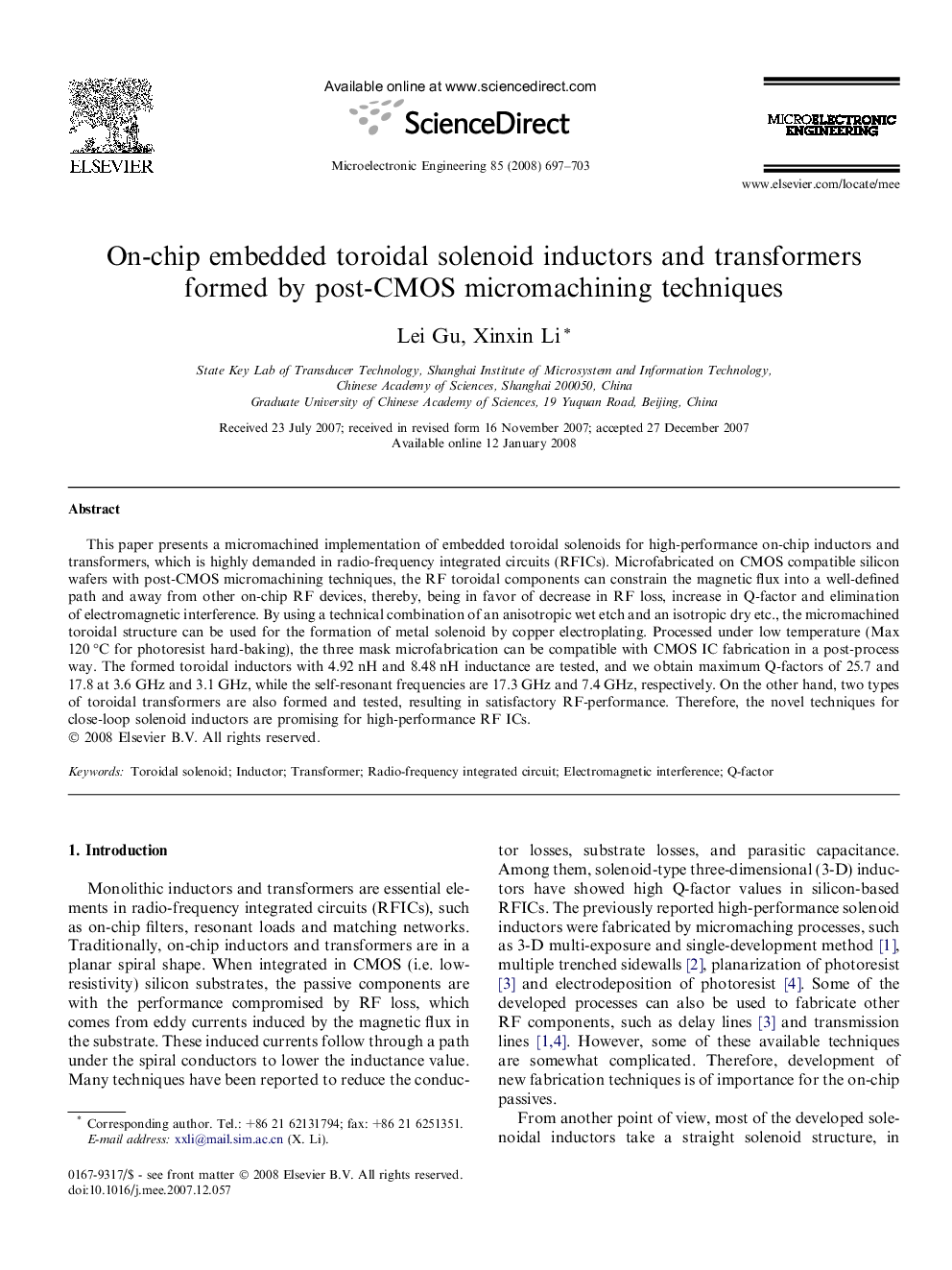 On-chip embedded toroidal solenoid inductors and transformers formed by post-CMOS micromachining techniques