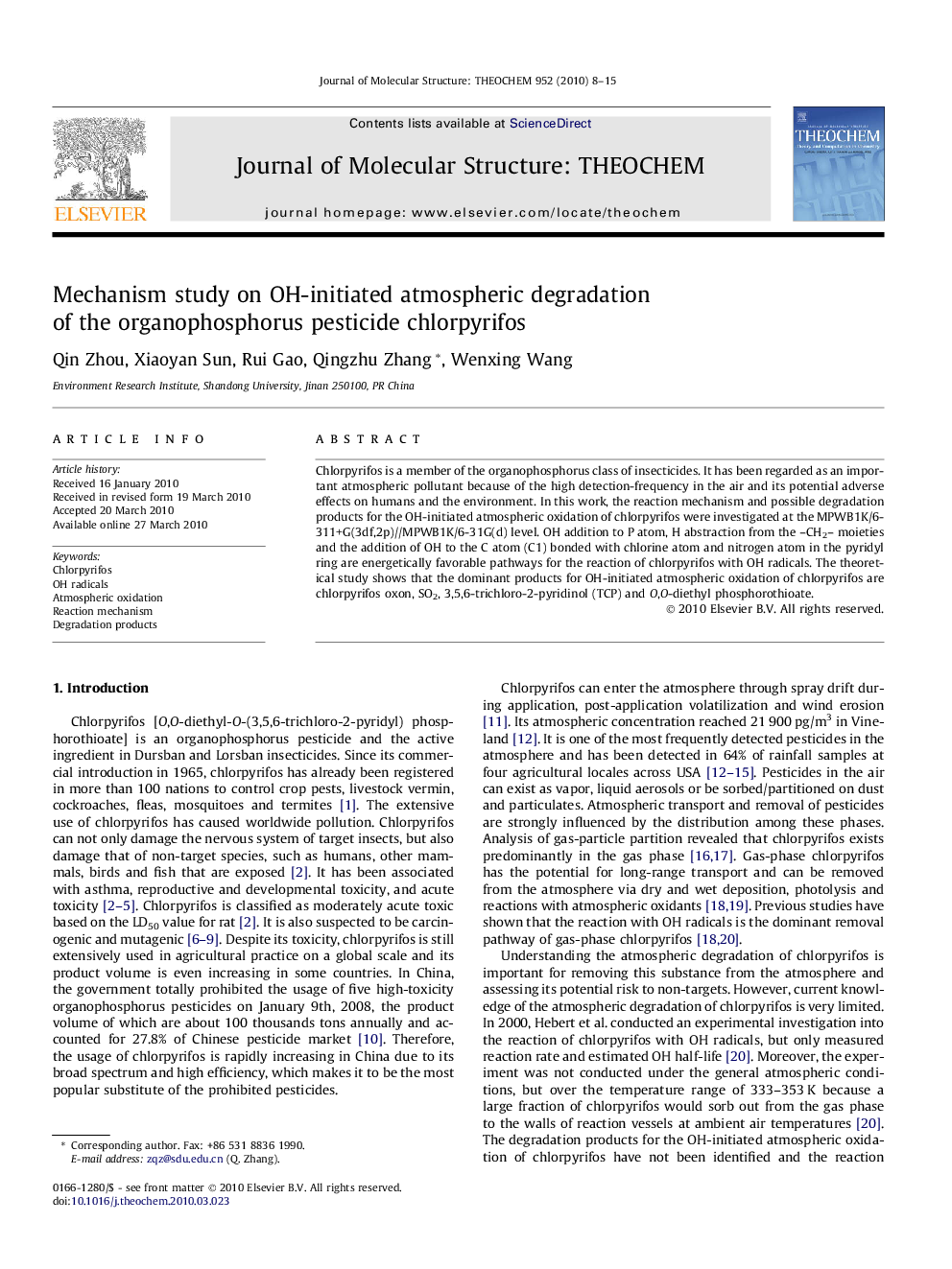 Mechanism study on OH-initiated atmospheric degradation of the organophosphorus pesticide chlorpyrifos