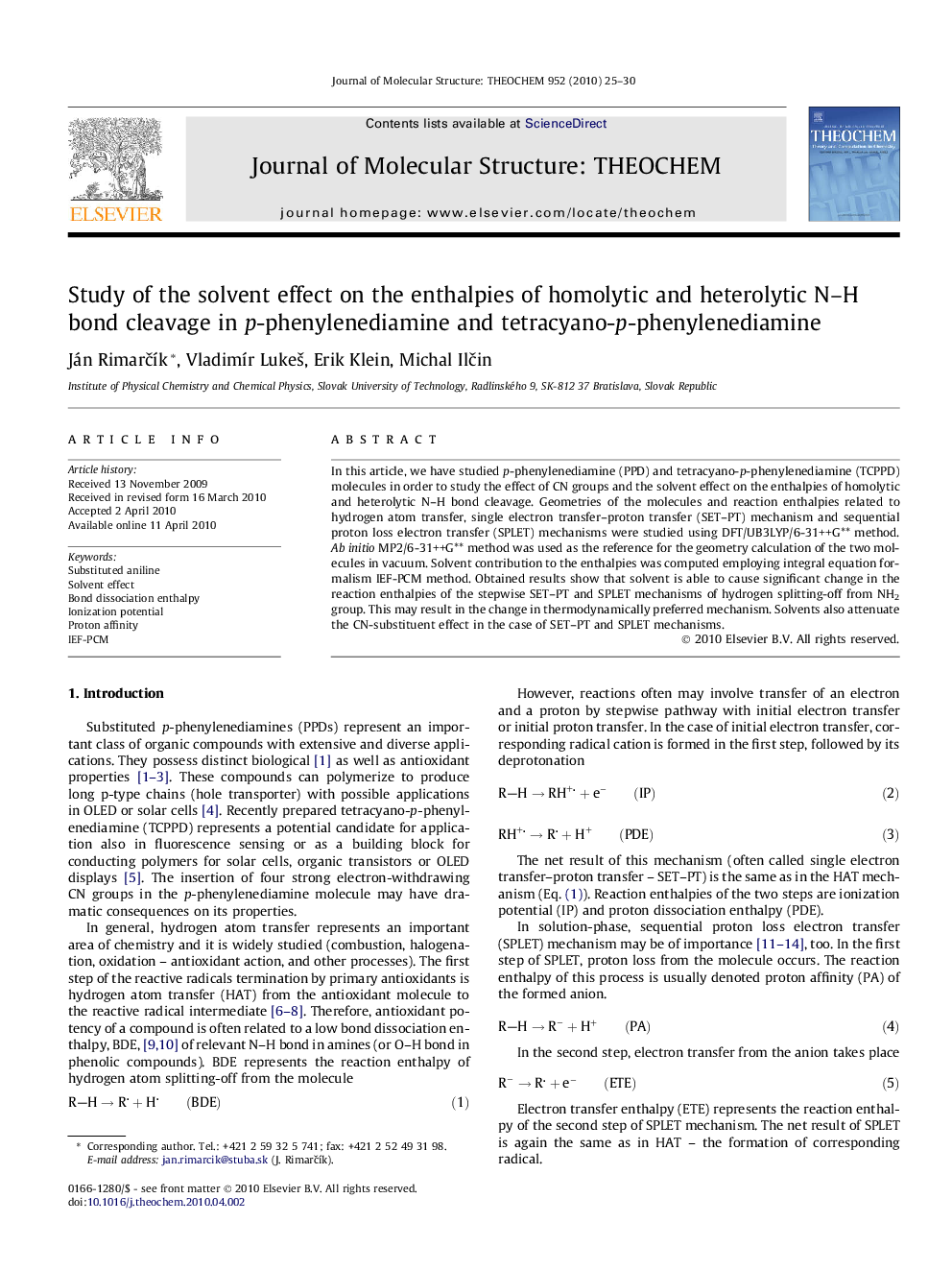 Study of the solvent effect on the enthalpies of homolytic and heterolytic N-H bond cleavage in p-phenylenediamine and tetracyano-p-phenylenediamine