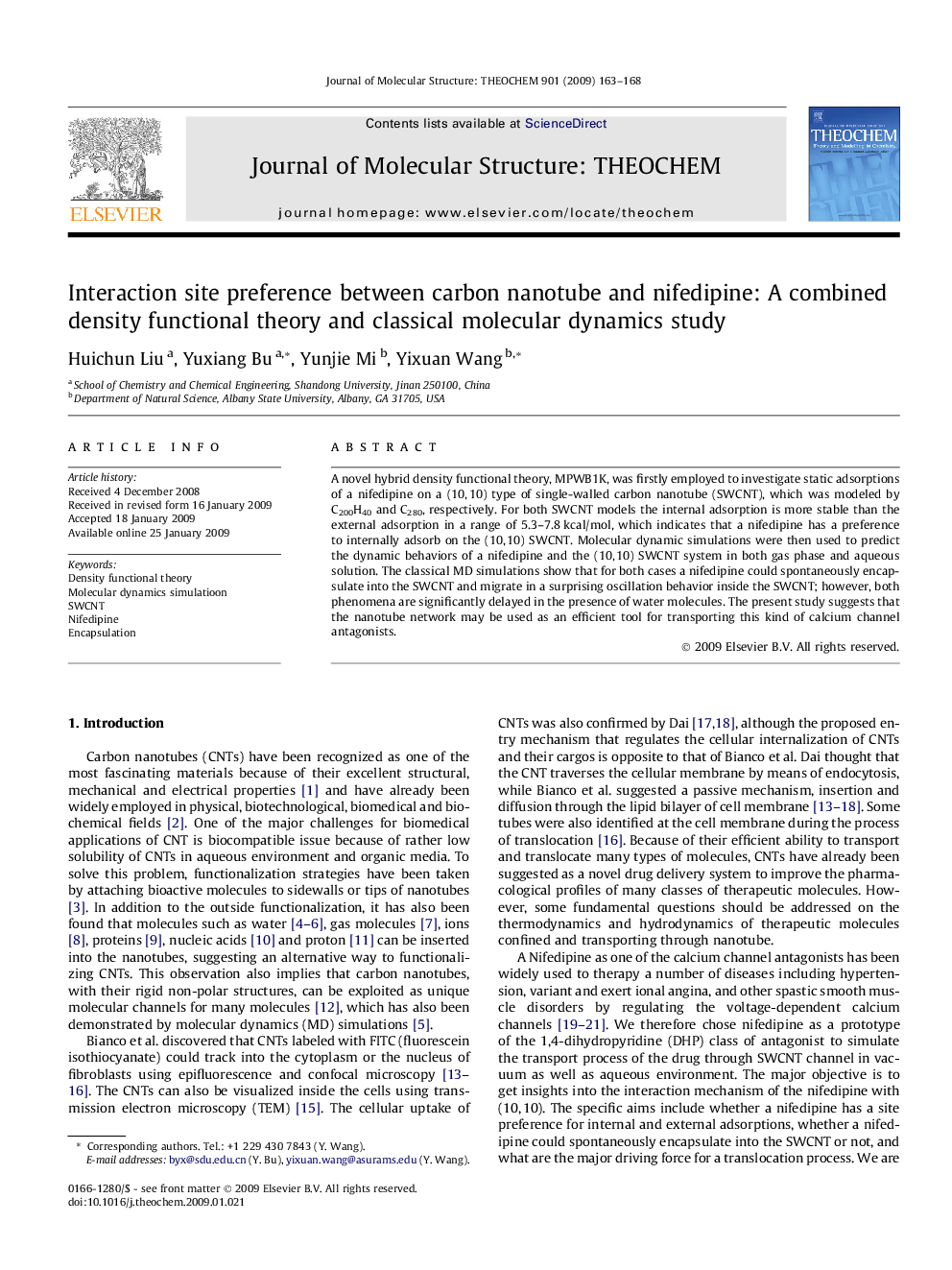 Interaction site preference between carbon nanotube and nifedipine: A combined density functional theory and classical molecular dynamics study