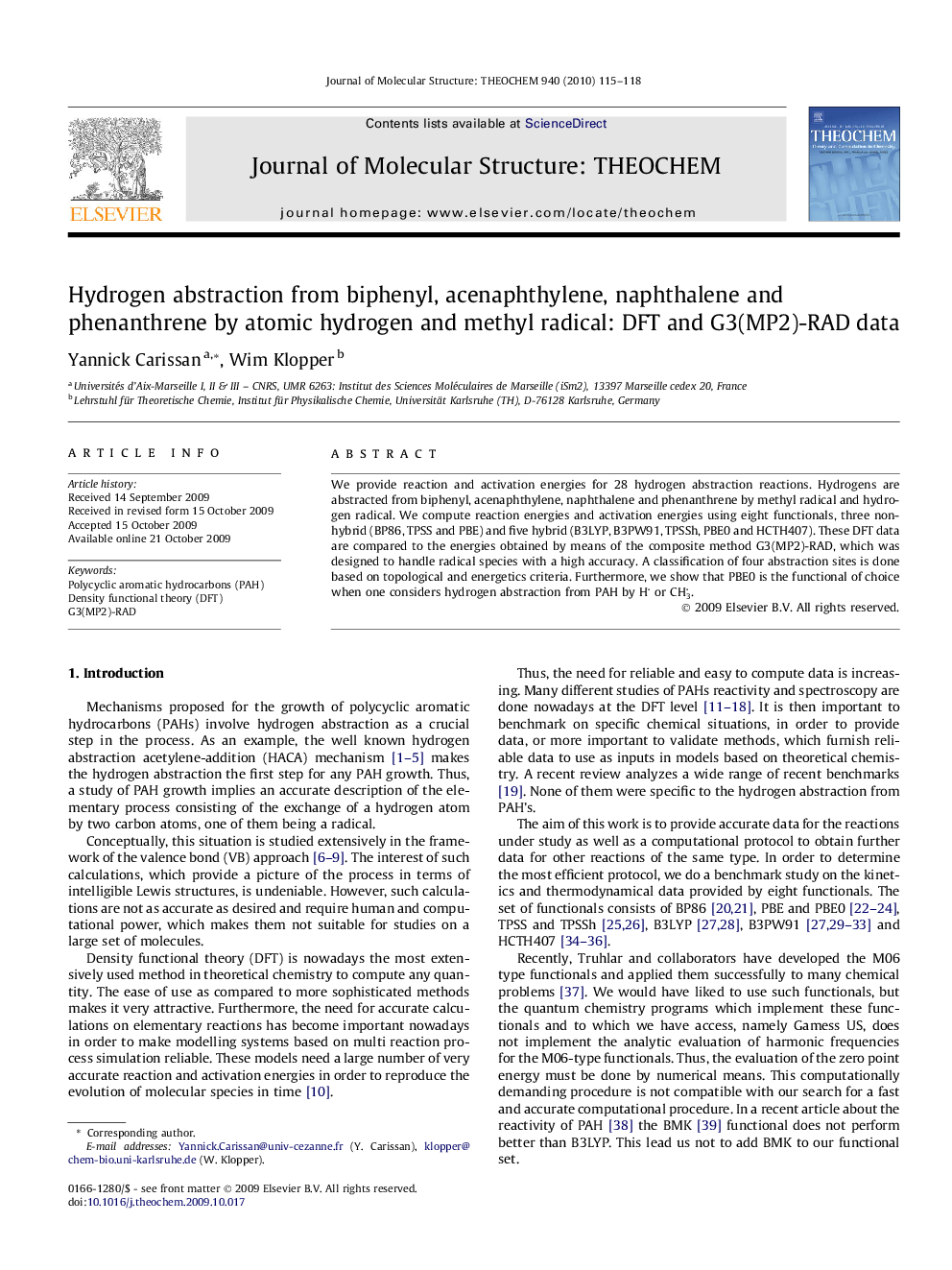 Hydrogen abstraction from biphenyl, acenaphthylene, naphthalene and phenanthrene by atomic hydrogen and methyl radical: DFT and G3(MP2)-RAD data