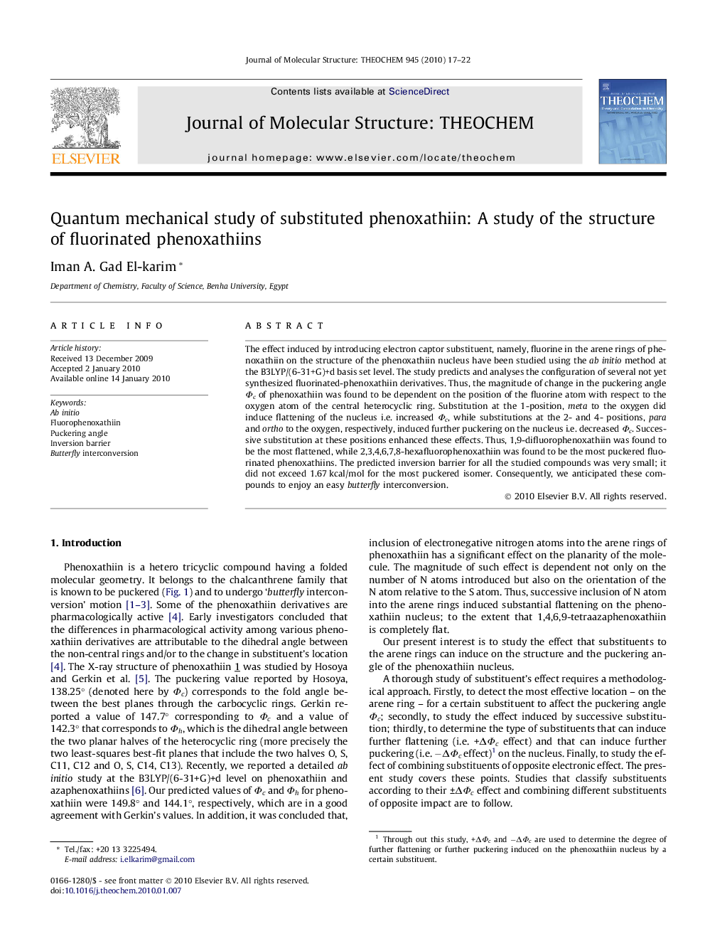 Quantum mechanical study of substituted phenoxathiin: A study of the structure of fluorinated phenoxathiins