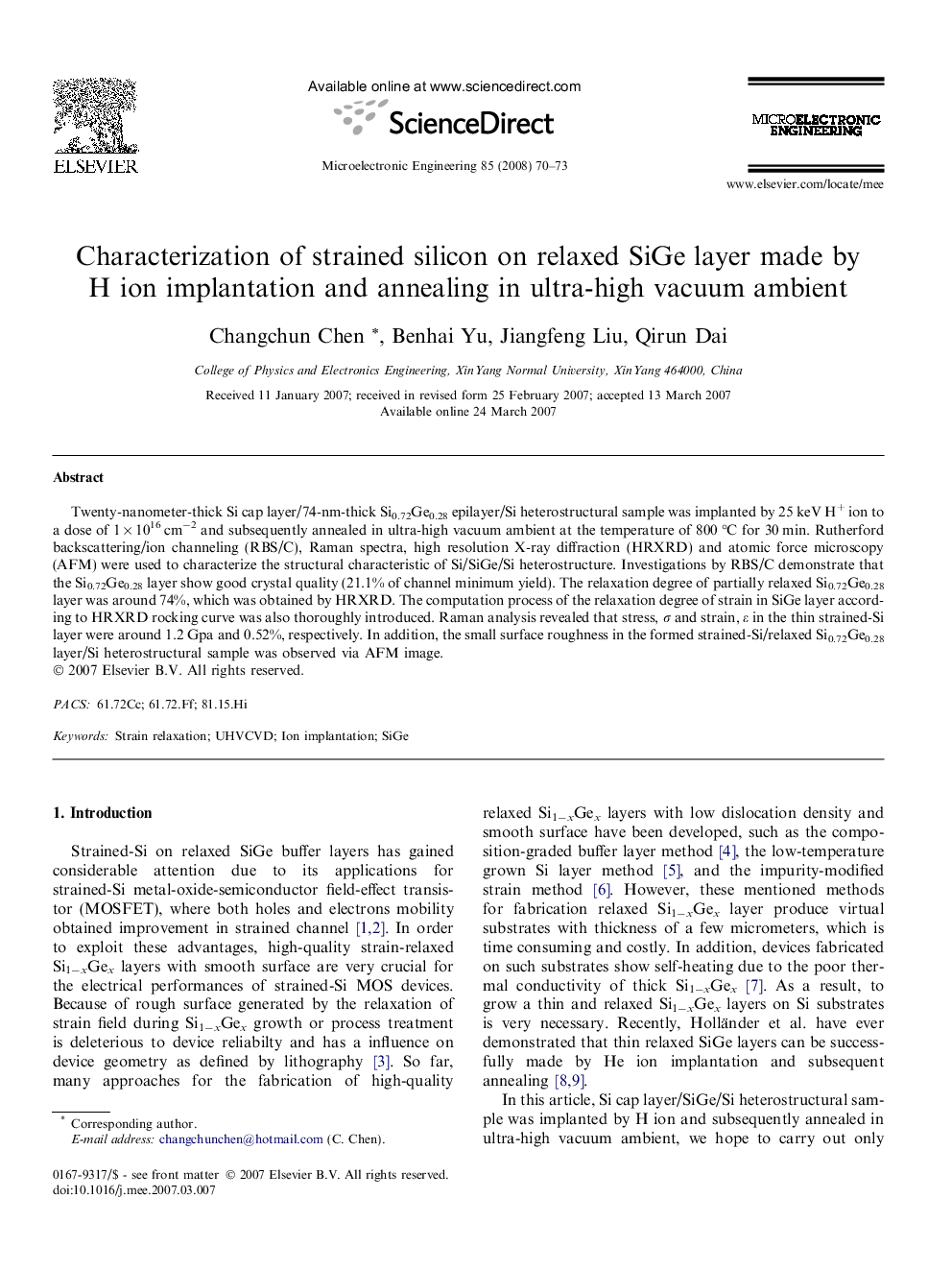 Characterization of strained silicon on relaxed SiGe layer made by H ion implantation and annealing in ultra-high vacuum ambient