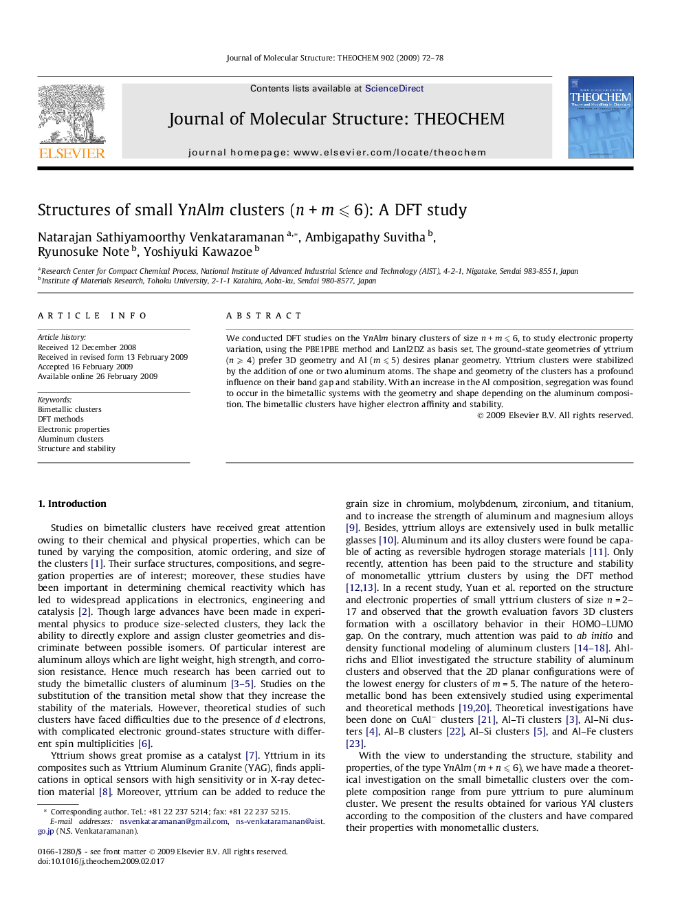 Structures of small YnAlm clusters (nÂ +Â mÂ â©½Â 6): A DFT study