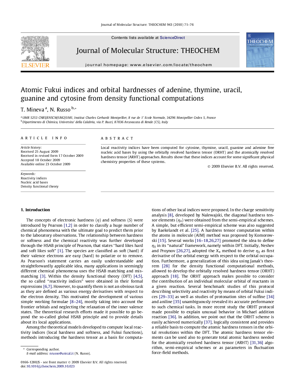 Atomic Fukui indices and orbital hardnesses of adenine, thymine, uracil, guanine and cytosine from density functional computations