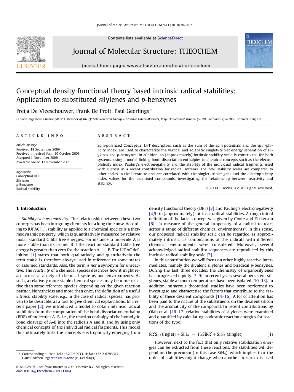 Conceptual density functional theory based intrinsic radical stabilities: Application to substituted silylenes and p-benzynes