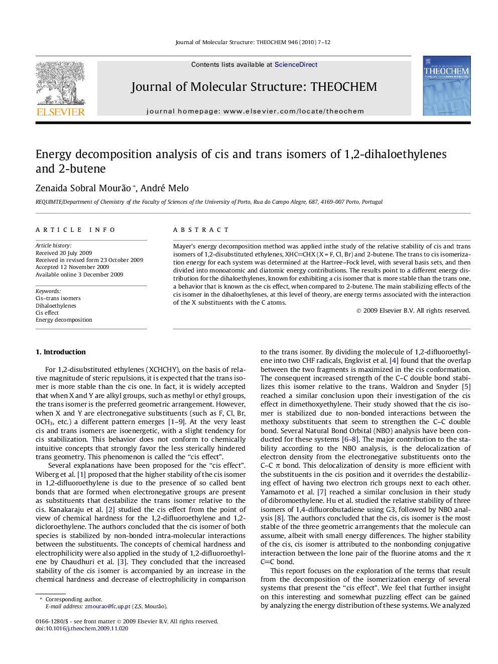 Energy decomposition analysis of cis and trans isomers of 1,2-dihaloethylenes and 2-butene