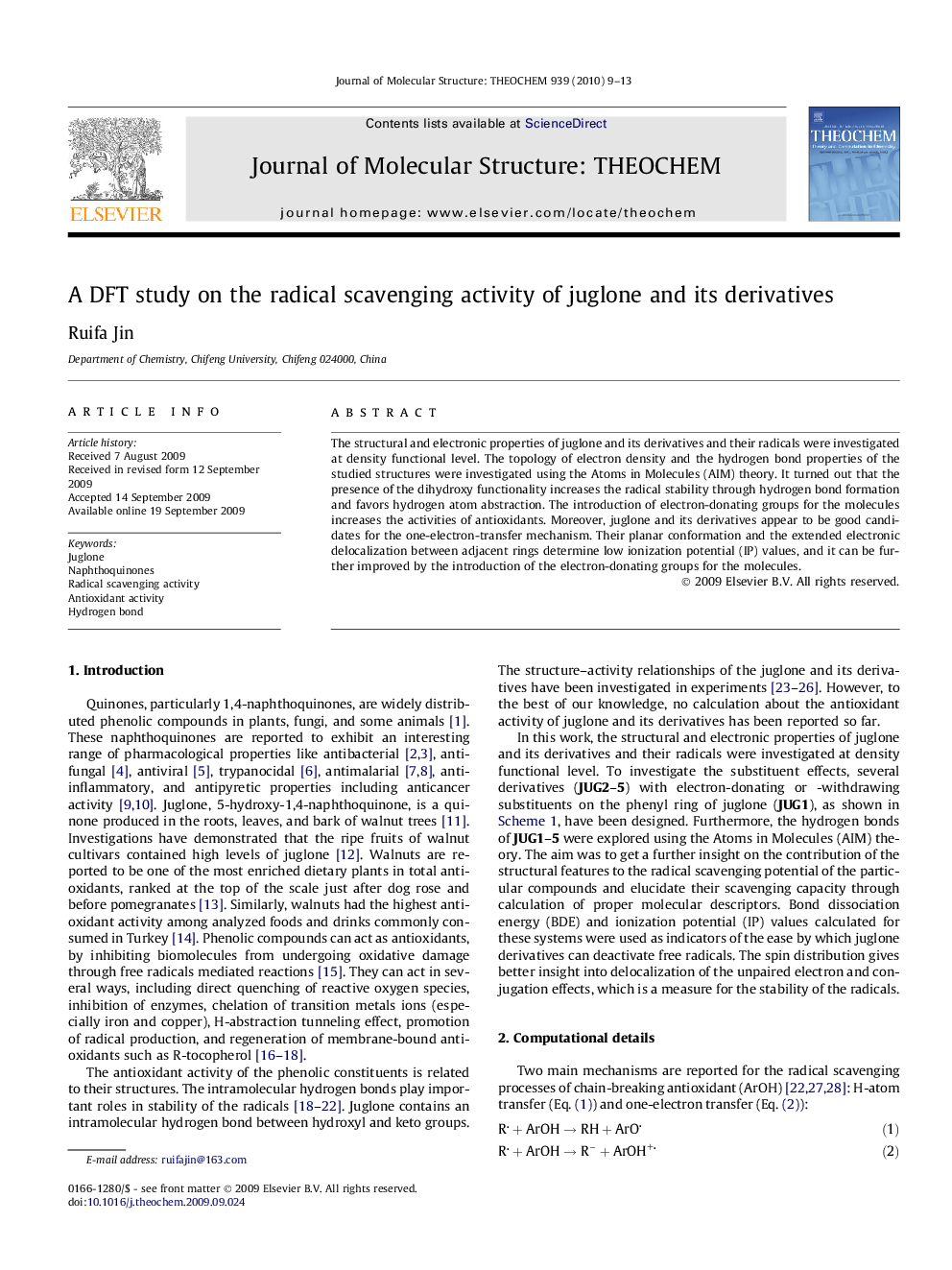 A DFT study on the radical scavenging activity of juglone and its derivatives