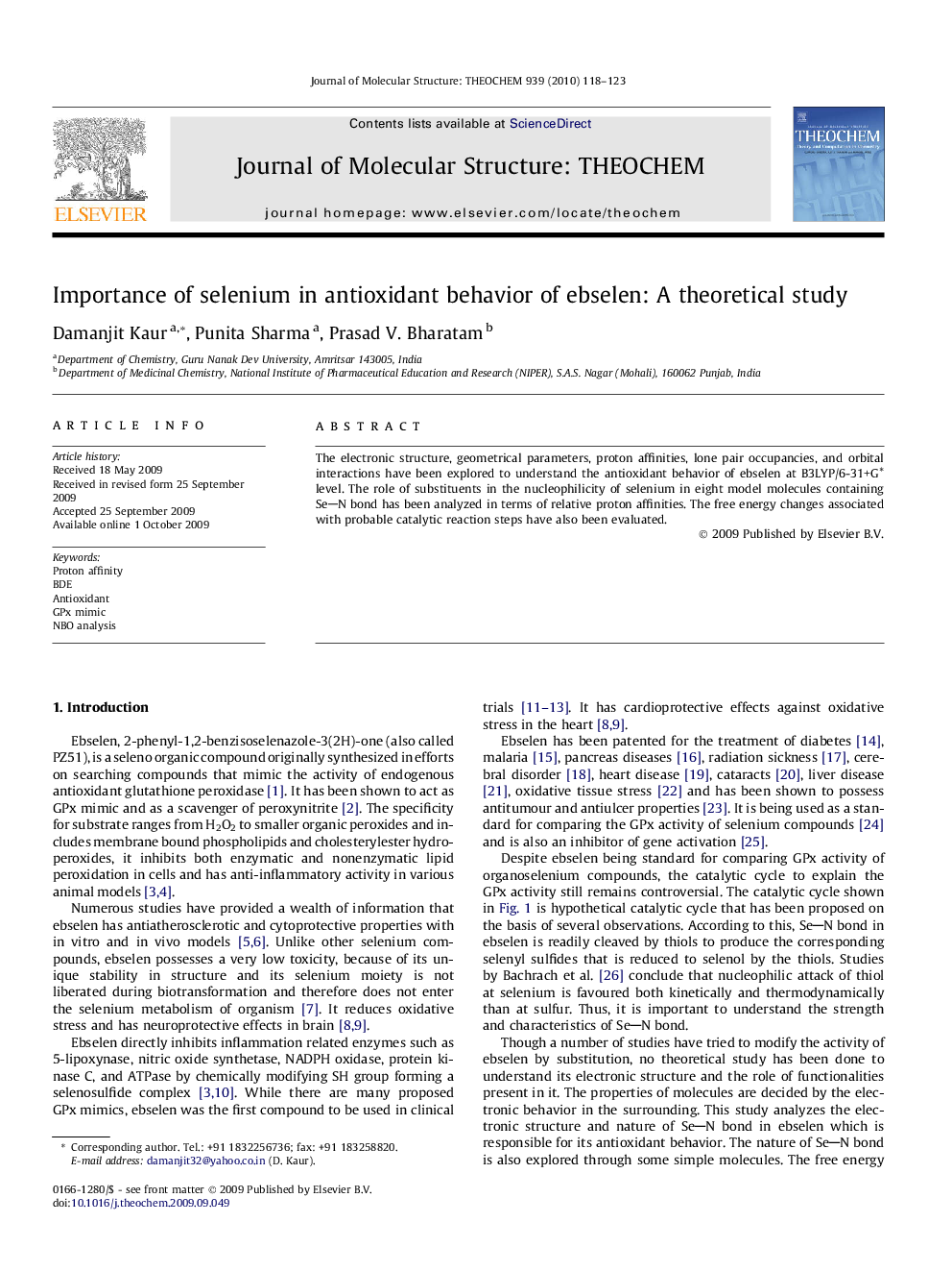 Importance of selenium in antioxidant behavior of ebselen: A theoretical study