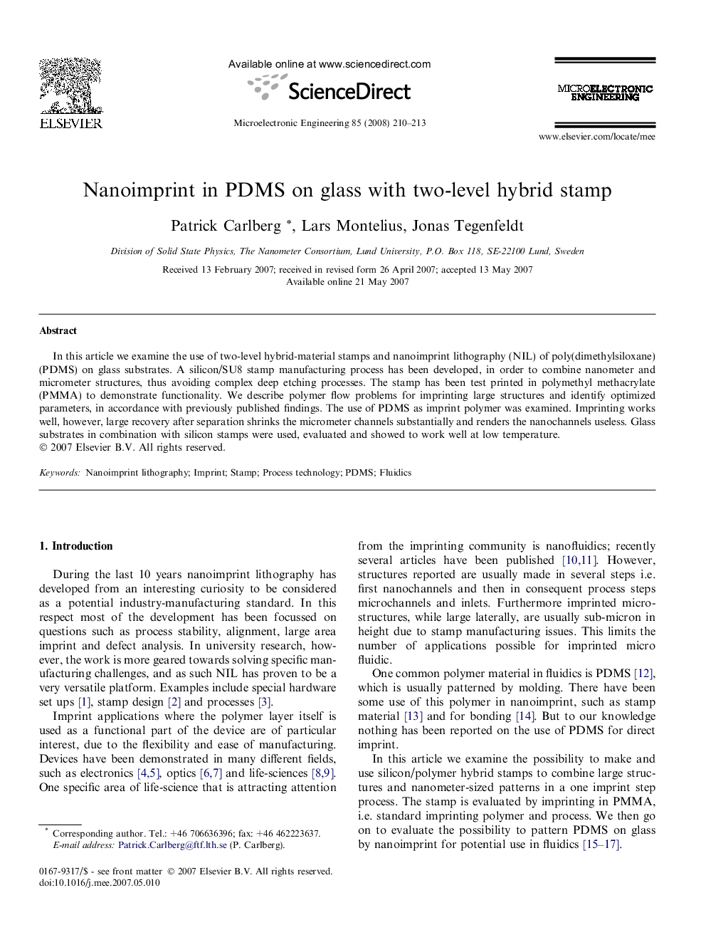 Nanoimprint in PDMS on glass with two-level hybrid stamp