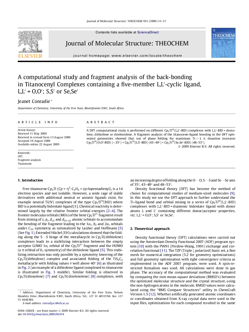 A computational study and fragment analysis of the back-bonding in Titanocenyl Complexes containing a five-member L,Lâ²-cyclic ligand, L,Lâ²Â =Â O,Oâ²; S,Sâ² or Se,Seâ²