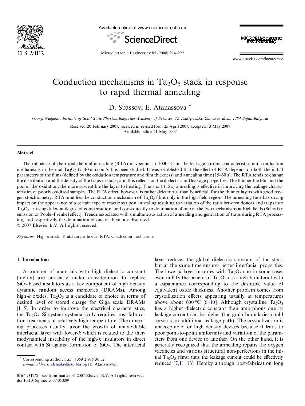 Conduction mechanisms in Ta2O5 stack in response to rapid thermal annealing