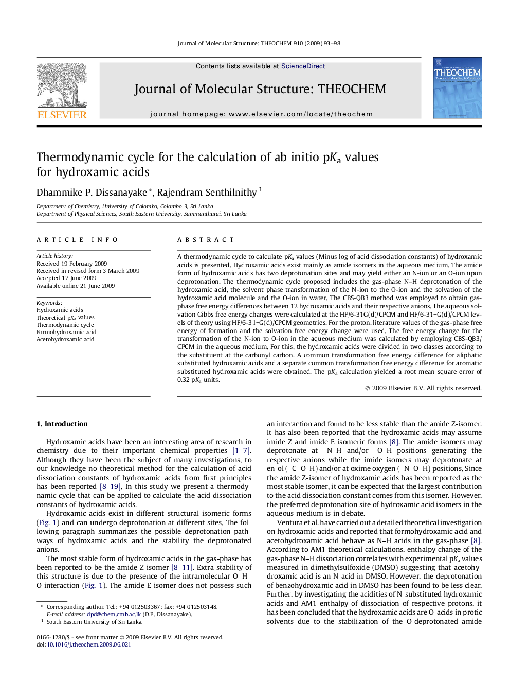 Thermodynamic cycle for the calculation of ab initio pKa values for hydroxamic acids