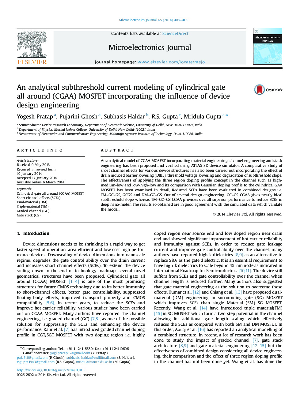 An analytical subthreshold current modeling of cylindrical gate all around (CGAA) MOSFET incorporating the influence of device design engineering