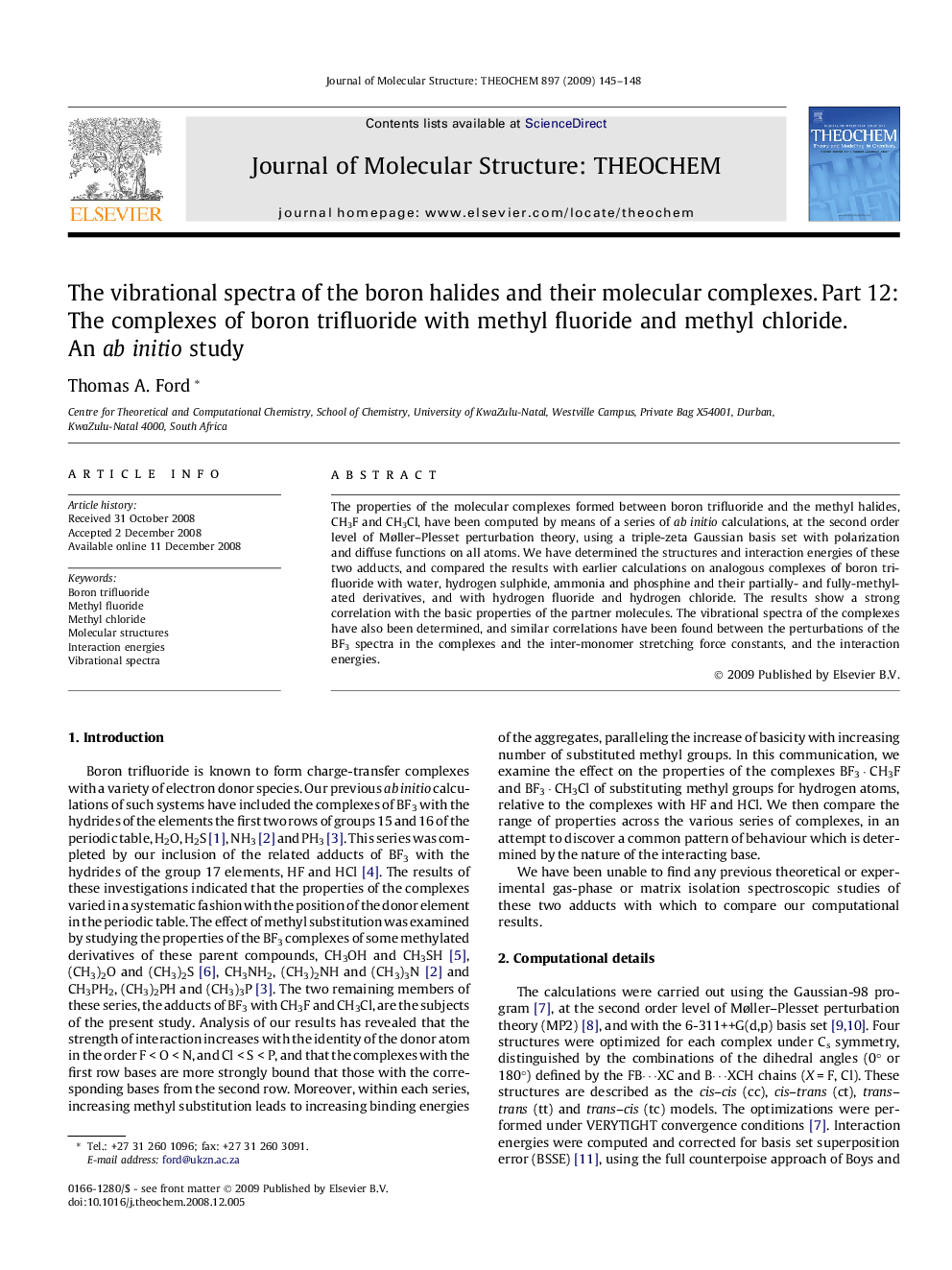 The vibrational spectra of the boron halides and their molecular complexes. Part 12: The complexes of boron trifluoride with methyl fluoride and methyl chloride. An ab initio study