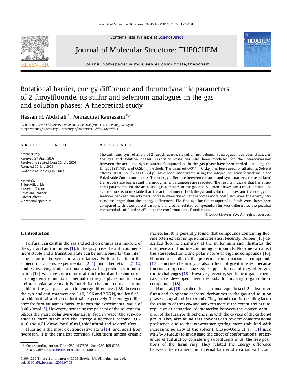 Rotational barrier, energy difference and thermodynamic parameters of 2-furoylfluoride, its sulfur and selenium analogues in the gas and solution phases: A theoretical study