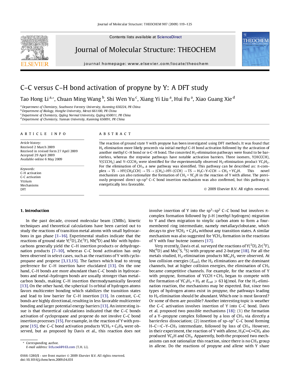 C-C versus C-H bond activation of propyne by Y: A DFT study