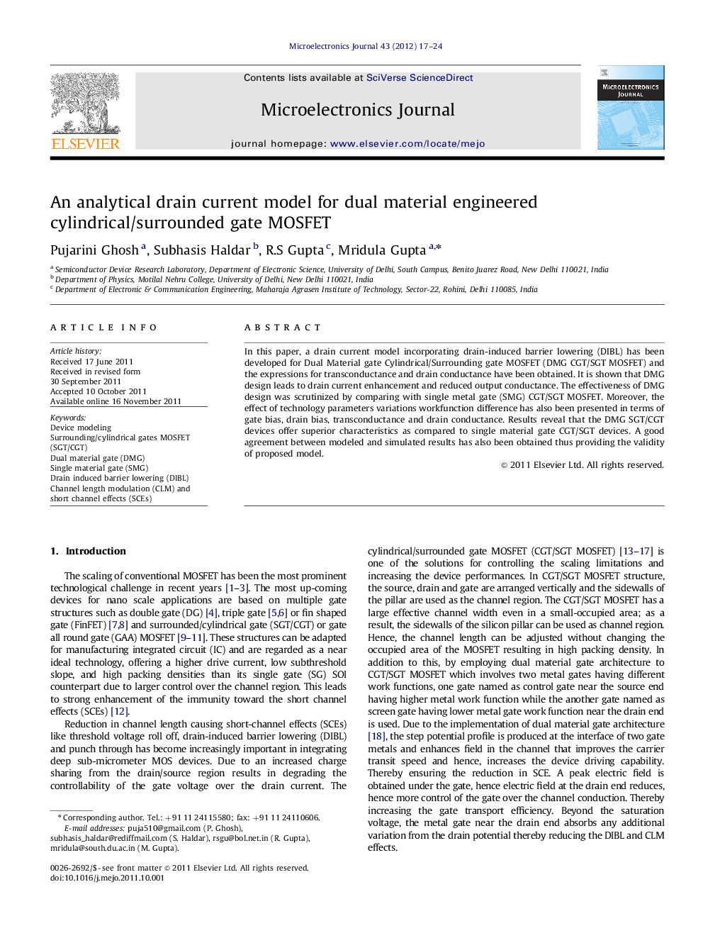 An analytical drain current model for dual material engineered cylindrical/surrounded gate MOSFET