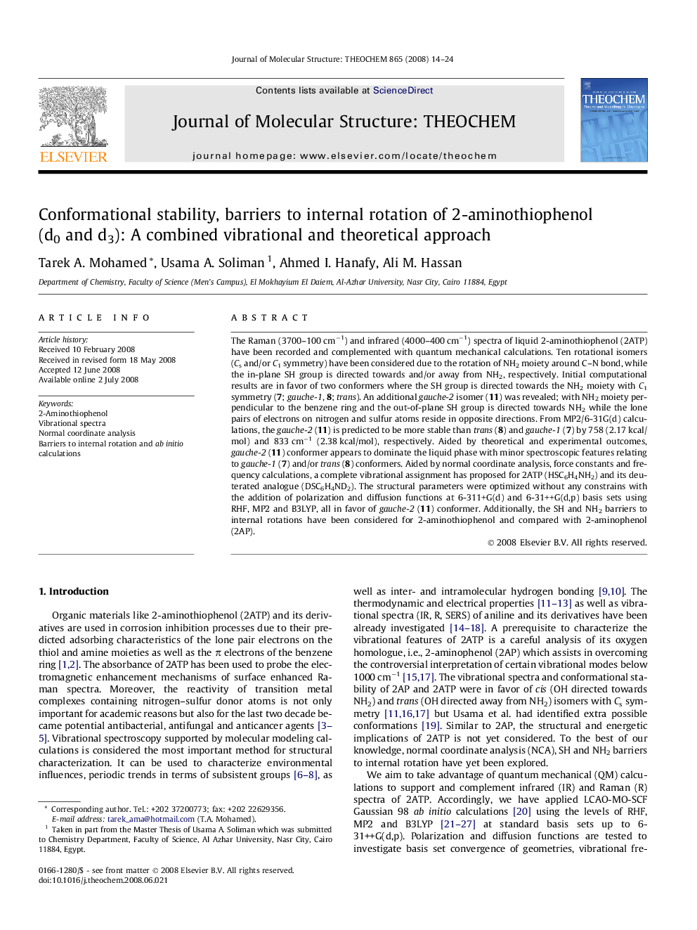 Conformational stability, barriers to internal rotation of 2-aminothiophenol (d0 and d3): A combined vibrational and theoretical approach