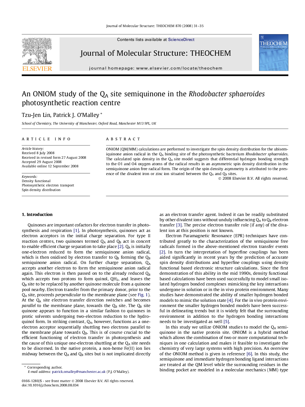 An ONIOM study of the QA site semiquinone in the Rhodobacter sphaeroides photosynthetic reaction centre