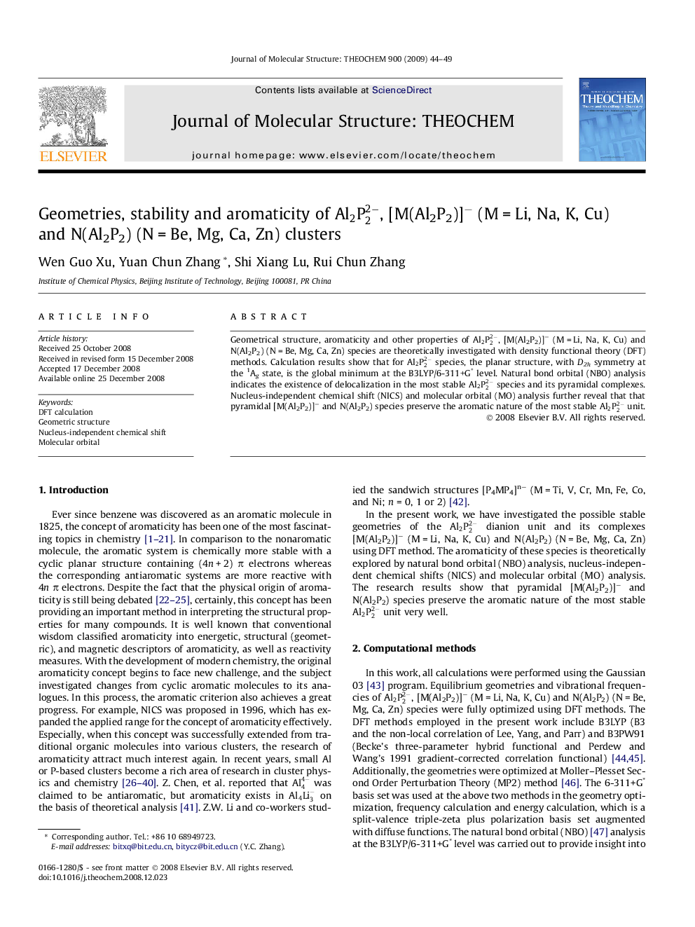 Geometries, stability and aromaticity of Al2P22-, [M(Al2P2)]â (MÂ =Â Li, Na, K, Cu) and N(Al2P2) (NÂ =Â Be, Mg, Ca, Zn) clusters