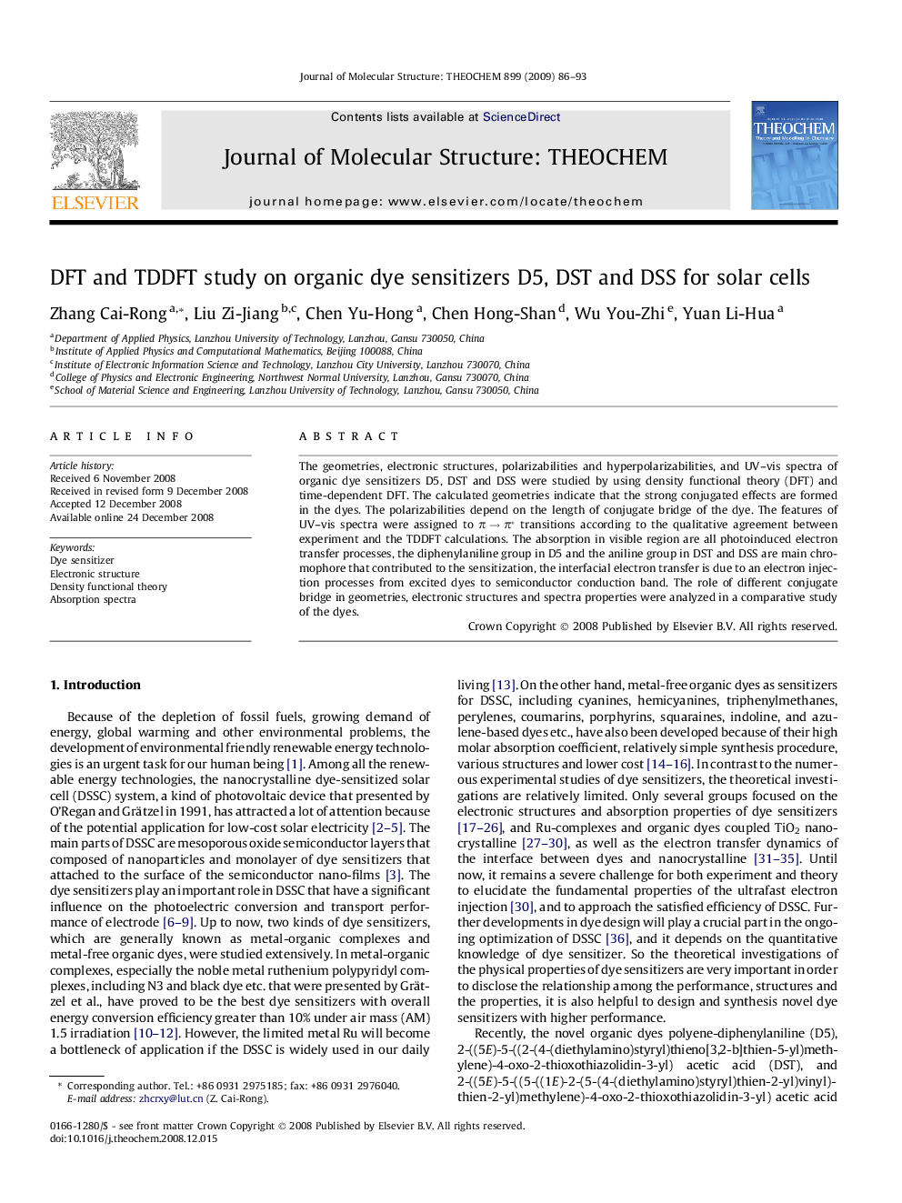 DFT and TDDFT study on organic dye sensitizers D5, DST and DSS for solar cells