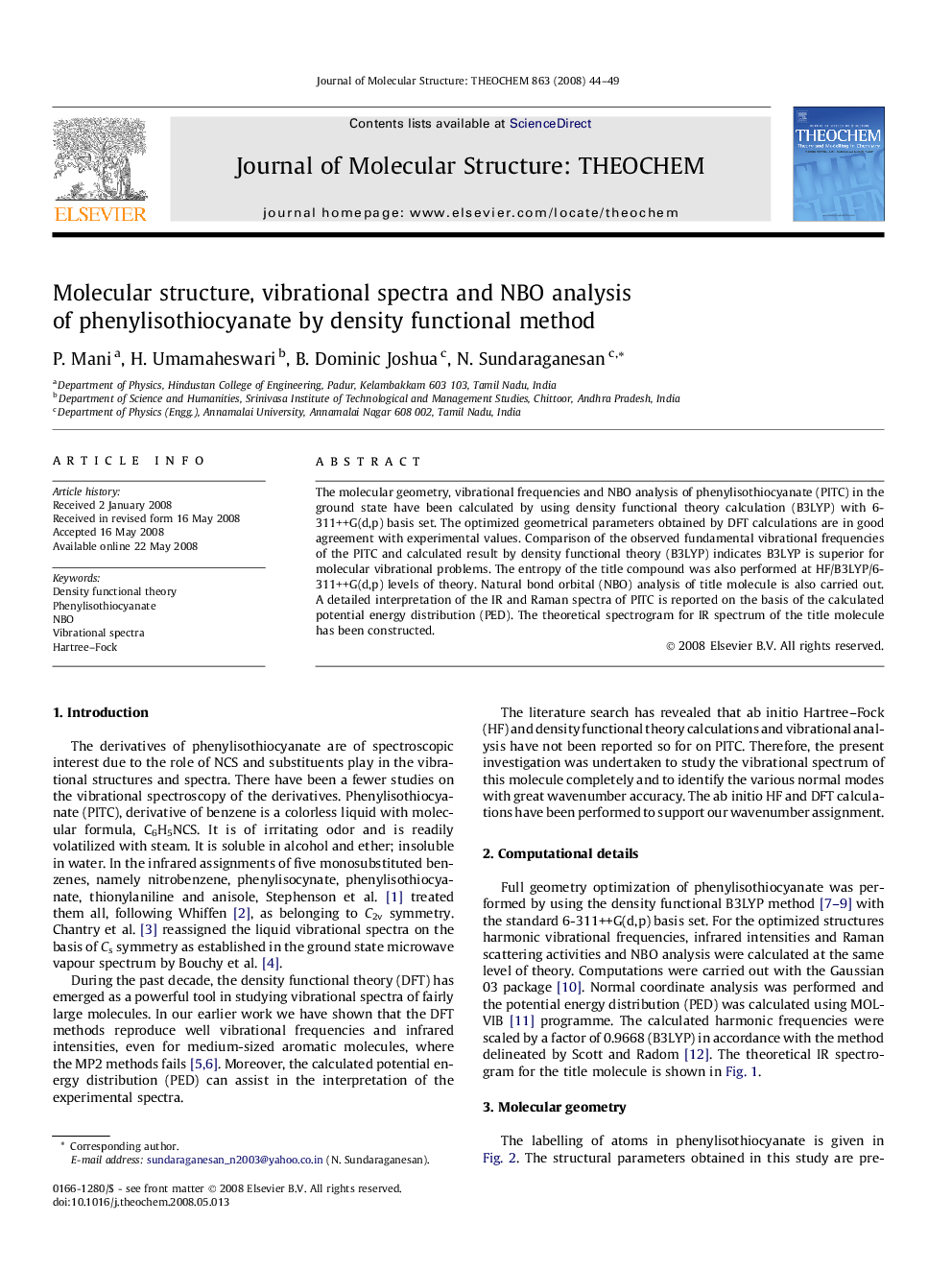 Molecular structure, vibrational spectra and NBO analysis of phenylisothiocyanate by density functional method