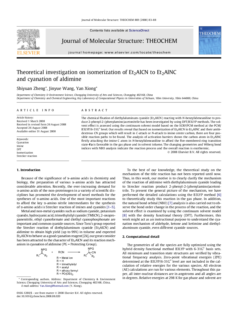 Theoretical investigation on isomerization of Et2AlCN to Et2AlNC and cyanation of aldimine